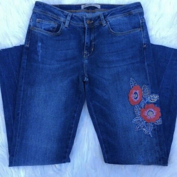 ✨🌺👖 Zara basic Z1975 Poppy Bling embroidered Raw Hem Skinny Distress Jeans EUC - Picture 11 of 11